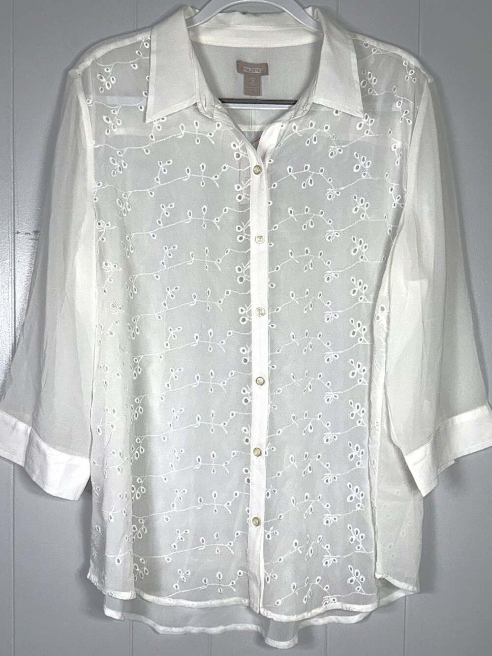 Chico's White Embroidered Eyelet 3/4 Sleeve Button-Up Sheer Blouse Shirt 3 XL 16
